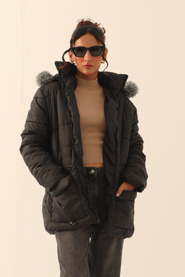 Alaska NEO Soft Puffer Jacket with Fur Hoodie Black